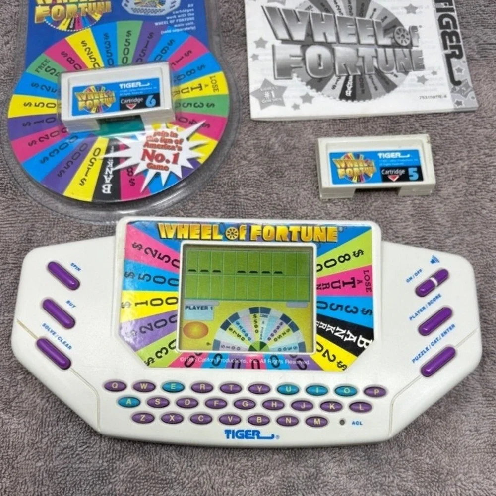 Vtg Tiger Wheel of Fortune Handheld Game 1995 Manual & Cartridges 5 6